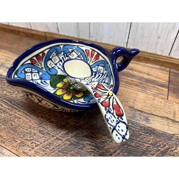 Talvera Mexican Pottery Serving Bowl and Spoon, Alba Botanical, Flower, Blue - Picture 2 of 5